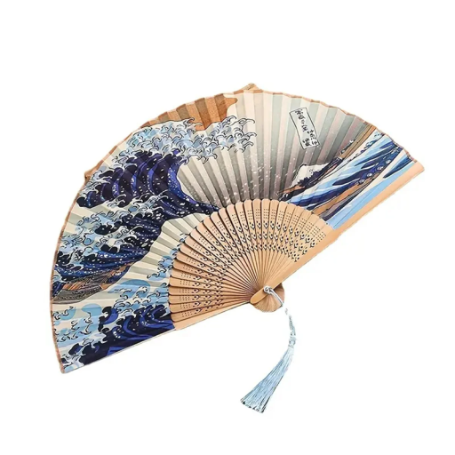 Japansk vikfläkt 21 cm Traditionellt havsmotiv Blå tofs Bambutygfläkt Elegant tillbehör Väggdekoration