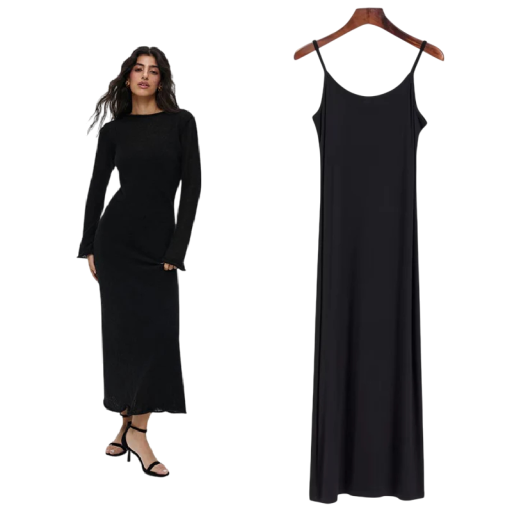 Tvådelad lång genomskinlig tröjaklänning med långa ärmar och en slät ogenomskinlig remsklänning Elegant outfit för kvällen