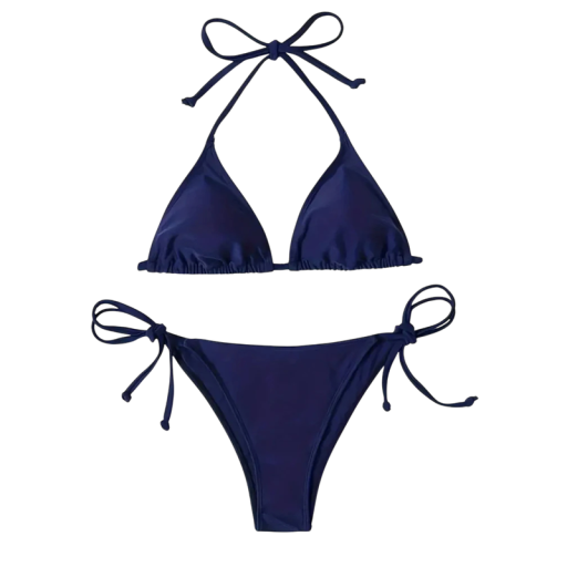 Tvådelad Mörkblå Bikini Triangel BH Stringtrosor Snörning Sommarbadkläder för strand och simning