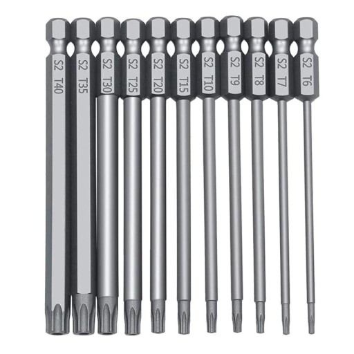 Lång Torx-bitsats S2 100 mm längd 11-delars bitsats T40 T35 T30 T25 T20 T15 T10 T9 T8 T7 T6 för sladdlösa skruvdragare och borrar
