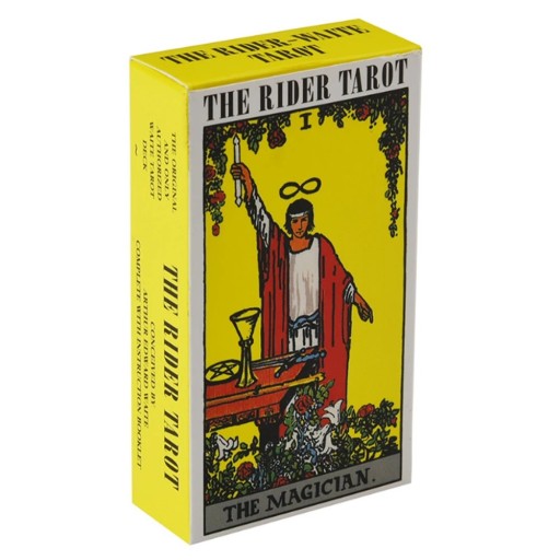 Tarotkortlek med illustrationer av en trollkarl och en gul bakgrund lämplig för tolkningar och andlig utveckling utan instruktioner