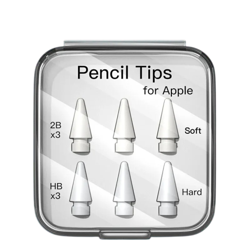 Set med 6 ersättningsspetsar för Apple Pencil 3x 2B mjuk och 3x HB hård, vit variant för ritning, skrivning och allmänt bruk