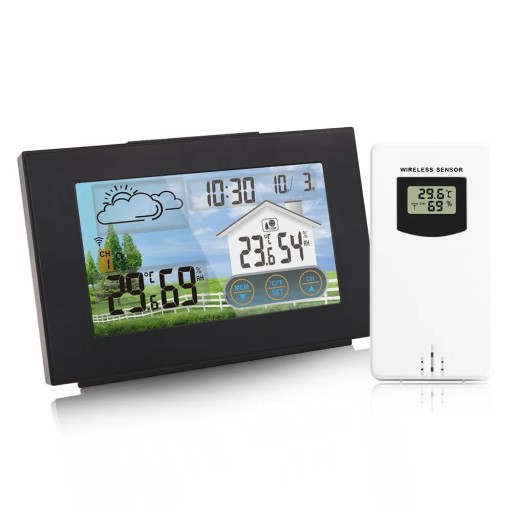 Trådlös väderstation 161 x 115 mm Färgpekskärm Termometer Hygrometer Väckarklocka IPX4-sensor USB- och batteridriven