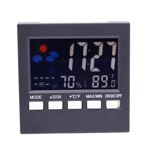 Digital väderstation med LCD-färgtermometer och hygrometer. Väckarklocka. Kalender. Väderprognos °C/°F-enheter. Kompakt storlek.