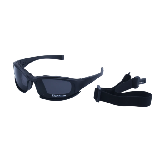 Svarta polariserade solglasögon UV400 Bredd 14,6 cm Höjd 4,6 cm Skalmlängd 16,8 cm Utbytbara skalmar Justerbart huvudband