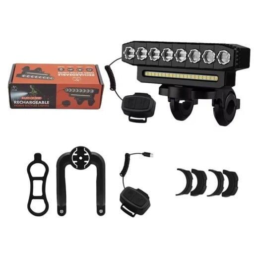 LED-cykellampa med signalhorn 130 dB 19 x 4 x 5,1 cm 2000 mAh USB-C Powerbank Ficklampa 8 lysdioder 20 SMD 6 lägen IP44 Fjärrkontroll