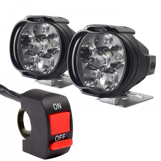 2 st. externa LED-strålkastare för motorcykel, 6 dioder, 12V 15W 1500 lm, IP65, ABS-plast, kompaktstrålkastare med strömbrytare, 65x55x50 mm, svart