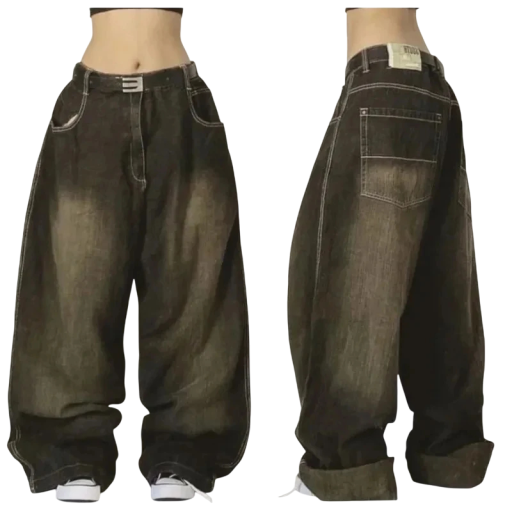 Svarta baggy jeans för kvinnor med tvättad effekt, lösa dambyxor med långa och vida ben, moderiktiga denimbyxor