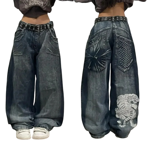 Damjeans med vitt tigertryck, lösa långa, vida ben, streetwear, vintagestil, casual, mode