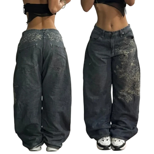 Grå damjeans med tryck, låg midja, långa, vida ben, lösa vintagejeans i streetwear-stil