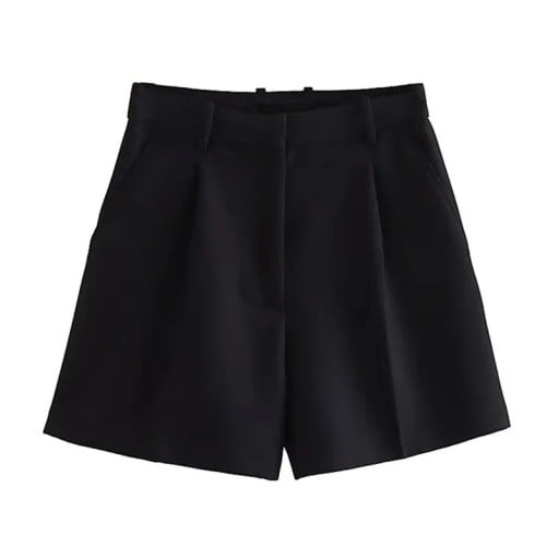 Svarta korta löst sittande shorts med hög midja och dragkedja Eleganta shorts med sidofickor Svarta sommarshorts för fritid och stad