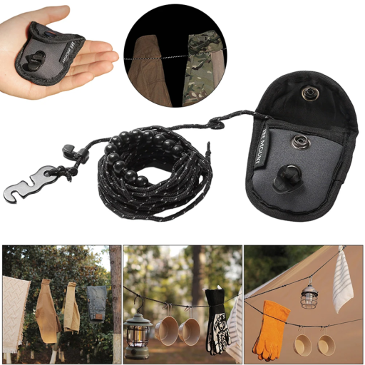 Svart utomhus camping stretch klädlina 3m 12 klämmor dubbel elastisk rep för torkning av kläder reseutrustning