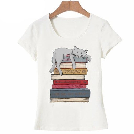 Vit t-shirt för kvinnor med katttryck