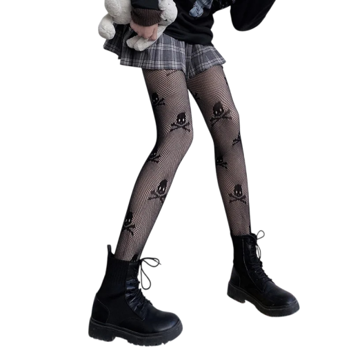 Svarta damstrumpbyxor i nylon med genomskinliga nät och dödskallemönster, snygga strumpor för Halloween, punkrock, gotisk outfit
