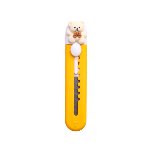 Mini cortador amarelo com urso Faca de plástico adorável para cartas e pacotes Cortador portátil para escola escritório casa