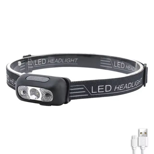 Kraftfull LED-pannlampa 350 lm Rörelsesensor IPX4 USB-laddning 450mAh batteri Elastiskt band Pannlampa 3,5 x 7 cm Utomhus