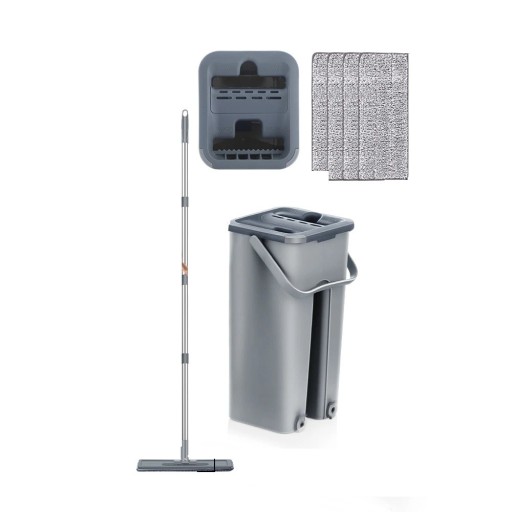 Mopp med hink 2-i-1 Självvridande system 121 cm handtag Hink 34 x 19 x 12 cm Set med 4 skydd Tvättbara munstycken Städning i hemmet