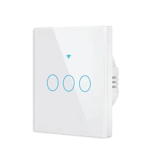 Vit smart touch-väggströmbrytare 8,6 x 8,6 cm 3-gångs WiFi 433 MHz Styrning via iOS/Android-app Modern hemautomation