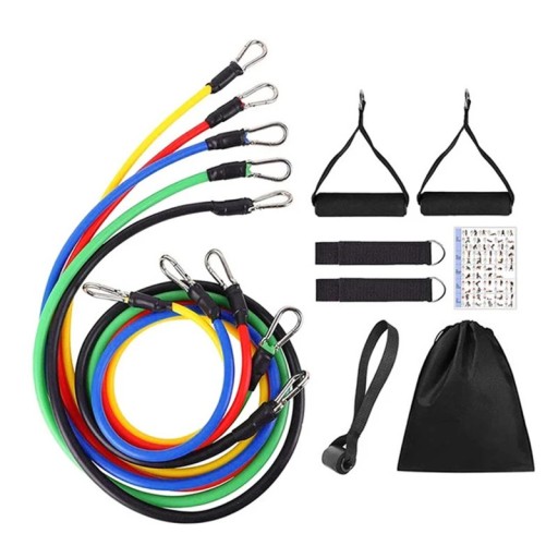 Set med 11 färgade motståndsband med handtag och tillbehör för hemmaövningar och styrketräning