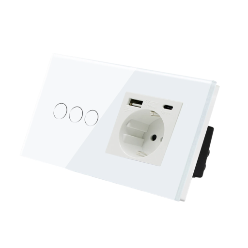 Typ F-uttag med USB- och USB-C-utgång och 3-vägs touchbrytare med monteringsram Vit panel för smarta elinstallationer