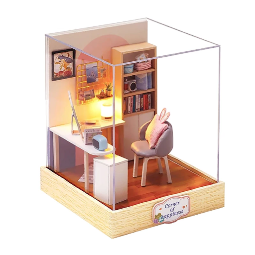 Trädockhus 11,5 x 9 x 9 cm DIY-modell miniatyrbyggsats med möbler och dammskydd Handmonterad present
