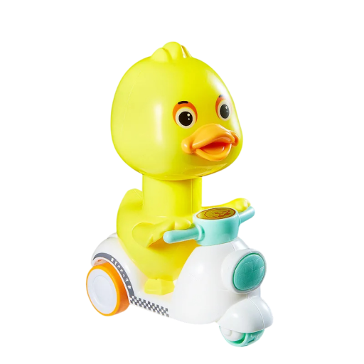 Uppdragbar anka på sparkcykel 13,5 x 10,3 x 5,6 cm gul figur med roterande huvud plastleksak för barn