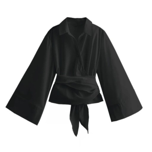 Damblus med långa ärmar och vida manschetter Omlottskuren Självknytande skärp Elegant topp för både vardag och formell stil