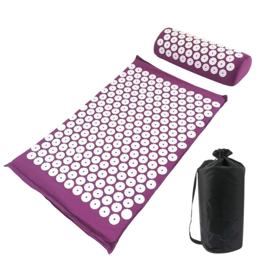 Yogamassagematta med stora akupressurpunkter och kudde. Rygg-, nack- och fotmassage. Avslappningsset för hemmabruk.