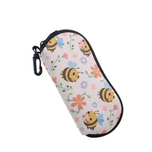 Glasögonfodral 17,9 x 8,5 cm med bi- och blommotiv Dragkedja Karbinhake för upphängning Skyddande fodral för resor