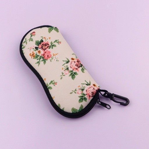 Glasögonfodral 17,9 x 8,5 cm med blommotiv Rosor och löv Elegant glasögonskydd Dragkedja Karbinhake för upphängning