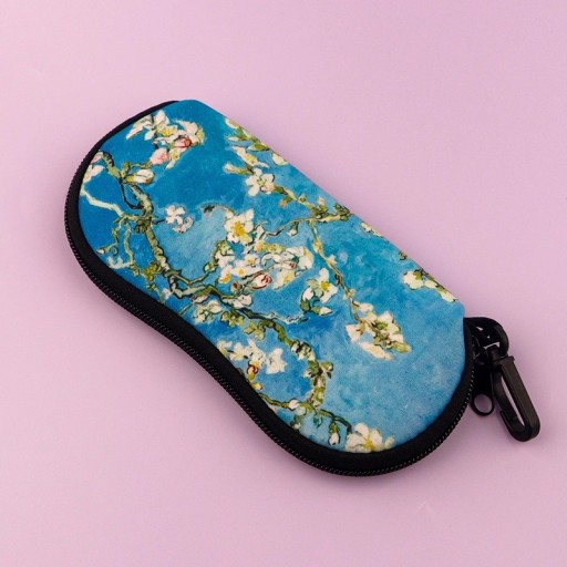 Glasögonfodral 17,9 x 8,5 cm med blommotiv Målning Konstnärlig stil Dragkedja Karbinhake för upphängning