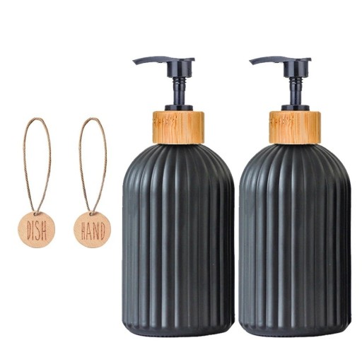 Set med 2 svarta tvål- eller tvättmedelsbehållare 500 ml 18 x 7,8 cm flaskor med pump och lock i trälook