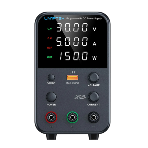Grå laboratoriekälla 30V 5A 150W Mini likströmskälla med LED-display Snabbladdning USB-A och USB-C Dubbel ingång