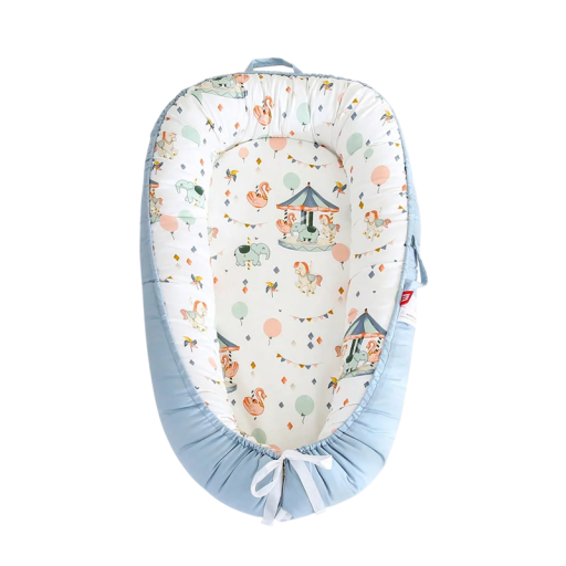 Babynest 88 x 53 x 30 x 68 cm bomullsblå solsäng för nyfödda sovnest bärbar spjälsäng djurkarusellmönster