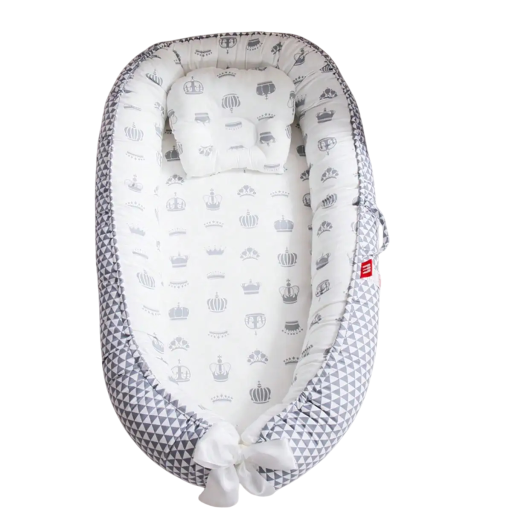 Babynest 88 x 53 x 30 x 68 cm grå bomullssäng för nyfödda, bärbart spjälsängsnest med kronmönster