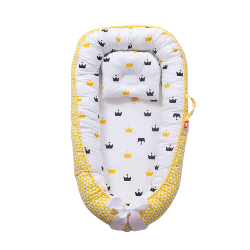 Babynest 88 x 53 x 30 x 68 cm gul bomullssängstol för nyfödda, bärbar spjälsäng, sovnest med kronmönster för sängen