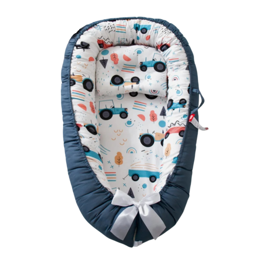 Babynest 88 x 53 x 30 x 68 cm mörkblå bomullssängstol för nyfödda, bärbar spjälsäng, sovnest med traktormönster