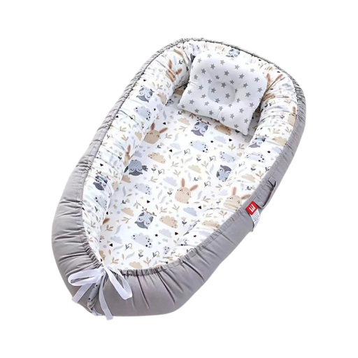Babynest 88 x 53 x 30 x 68 cm Grå bomullssäng för nyfödda Bärbar spjälsäng Spjälsäng med ugglemönster
