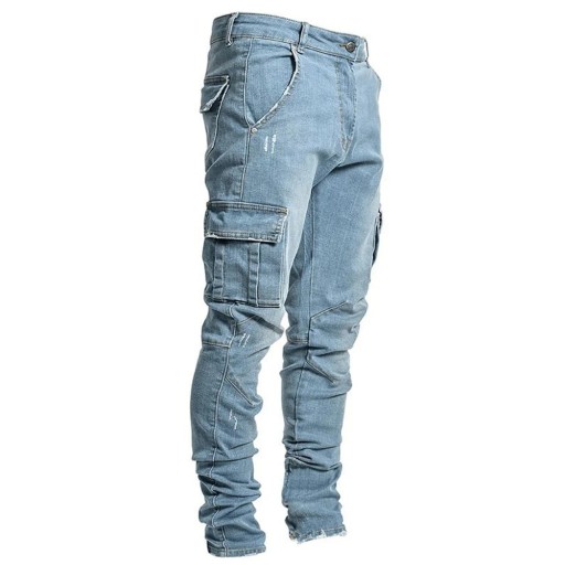 Herr cargojeans Slim fit Resår Flera fickor Tvättad look Casualbyxor för vardagsbruk Bekväma moderna jeans