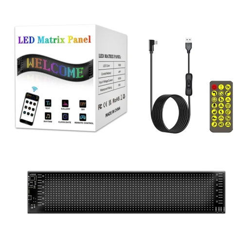 LED-matrispanel 16 x 64 pixlar 9 x 37 cm USB 450 cm Fjärrkontroll Mobilapp Textvisning Reklamskärm LED-kort