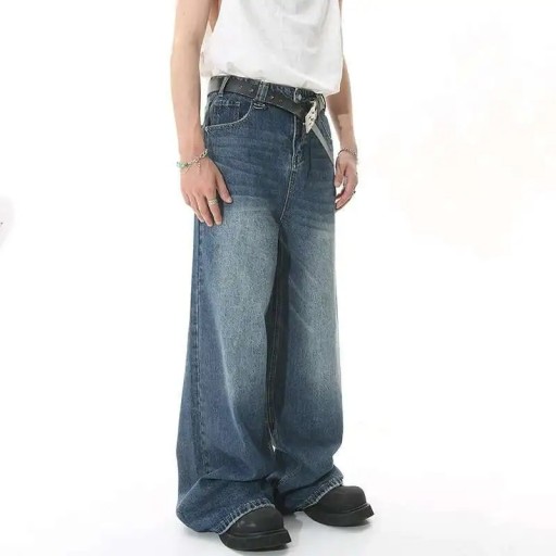 Herrjeans med raka axelband och metallring Tvättad look Vida ben Långbyxor Casual streetwear Snygga jeans