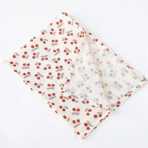 Bomullsmuslinfilt för bebisar 85x65 cm babyhandduk, körsbärsmönster, för nyfödda, badrum, sover