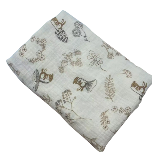 Bomullsmuslinfilt för bebisar 85x65 cm Babyhandduk Swaddle Kanin- och blommönster Naturliga färger