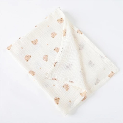 Bomullsmuslinfilt för bebisar 85x65 cm babyhandduk med björnhuvudmönster beige-krämfärger