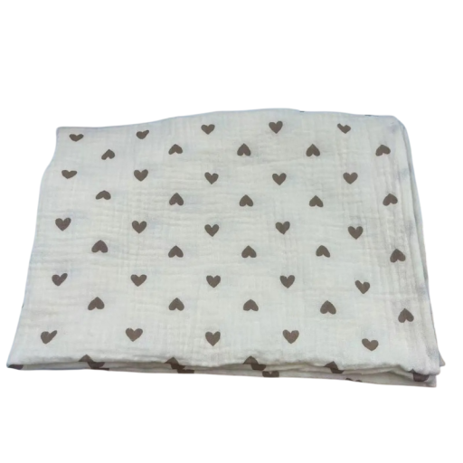 Bomullsmuslinfilt för bebisar 85x65 cm Babyhandduk Inbäddad i svart hjärtmönster Beige botten För nyfödda