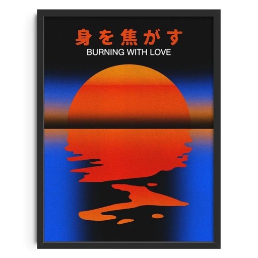 Retro poster Burning With Love 50x70 cm Abstrakt solnedgång Japansk stil Röd och blå väggdekoration Konsttryck utan ram