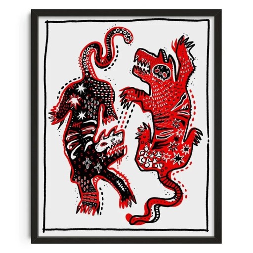 Vintage poster 50x70 cm Abstrakta konstnärliga varelser i rött och svart Modern dekoration Canvas utan ram för sovrum och vardagsrum