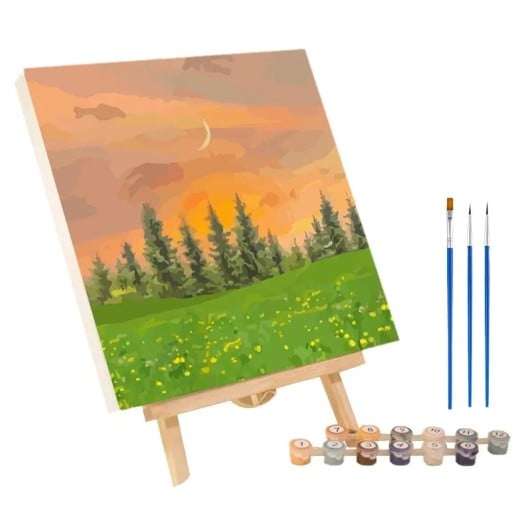 Målarkit med mall 20x20 cm Solnedgång bakom skogen Målarbilder med siffror Akrylfärger Kreativ konst Heminredning
