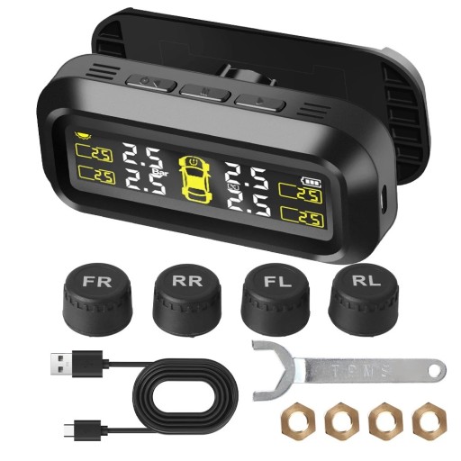 Trådlöst TPMS-system 9,3 x 4,2 cm däcktryckssensorer, display för ventilation, USB-laddning, 4 externa sensorer, övervakning
