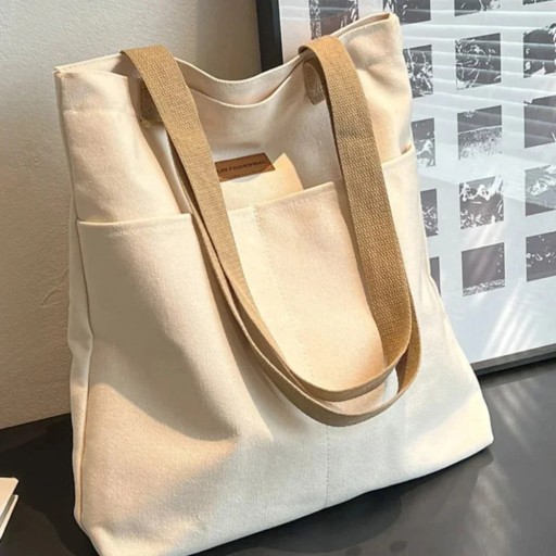 Axelväska i kanvas 38 x 35 cm, unisexväska utan dragkedja, stor kapacitet, elegant shoppingväska, arbetsväska i kanvas